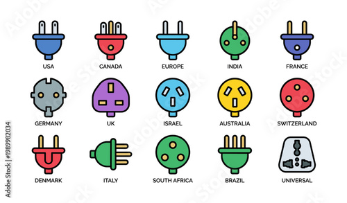 International plug type icons showing country specific outlet designs