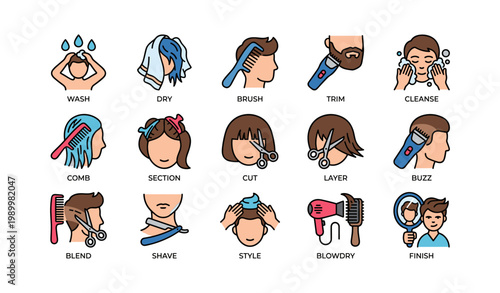 Haircare service icons showing salon actions in grid layout