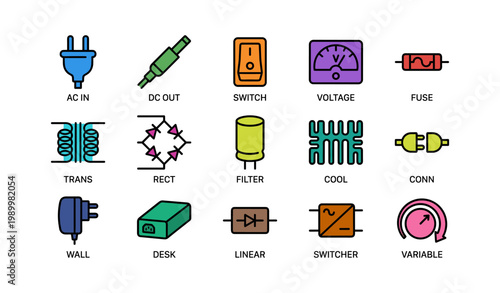 Electronic power component icons arranged in grid on white background