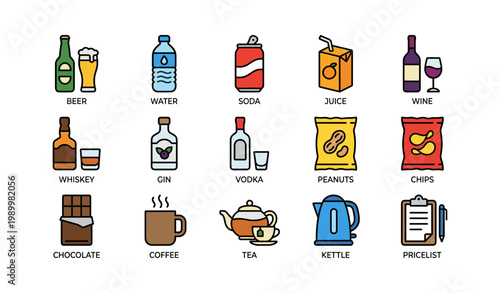 Beverages and snacks arranged in grid on white background