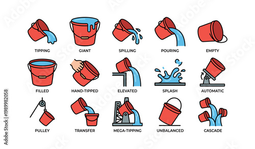Red bucket icons showing pouring and tipping water actions
