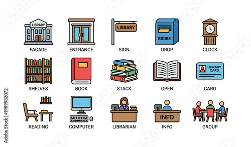 Library icons depicting building elements books and services