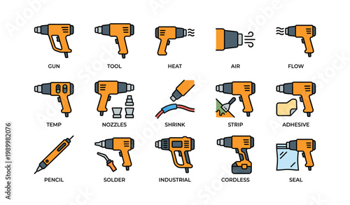 Heat gun icons showing functions and attachments on white background