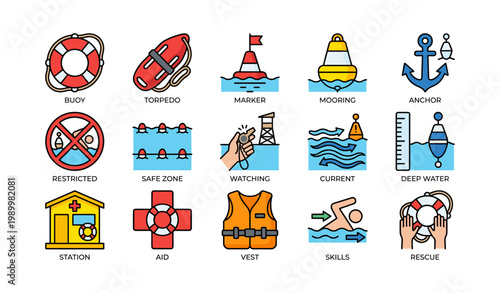 Lifesaving icons showing water safety equipment on white background