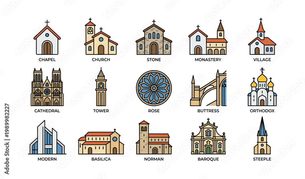 Fototapeta premium Religious buildings and church architecture icons in grid layout