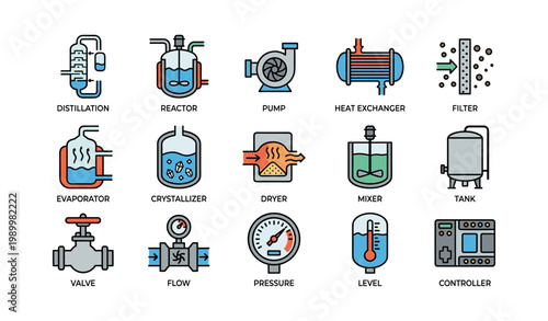Chemical process equipment and instrument icons in grid layout