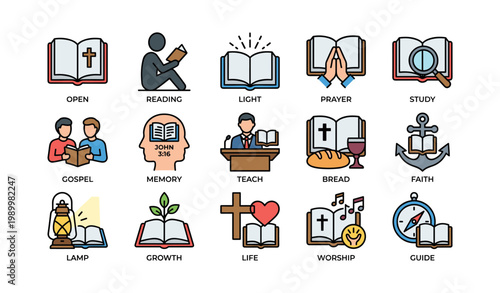 Religious icons illustrating bible study and worship concepts