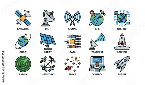 Space and satellite icons showing networks and launch concepts