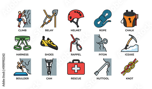 Climbing gear icons showing equipment and activities on white
