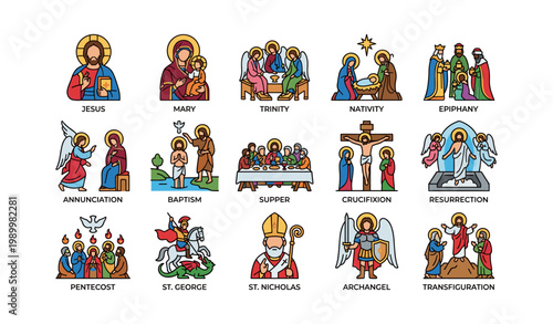 Christian icons depicting biblical scenes on white background
