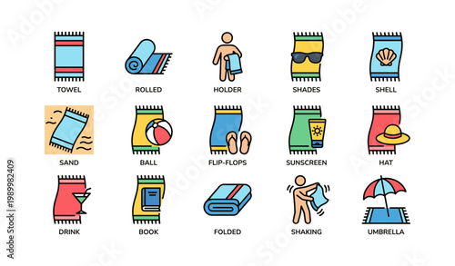 Beach towels with summer accessories and beach setting icons