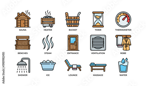 Sauna and spa equipment and amenities on white background