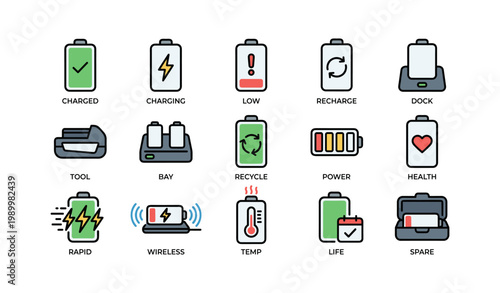 Battery icons showing charging states and power accessories grid