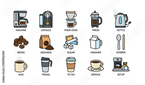 Coffee brewing equipment and service icons on white background