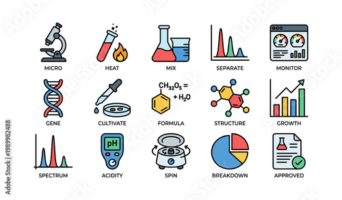 Laboratory equipment and analysis icons in grid layout