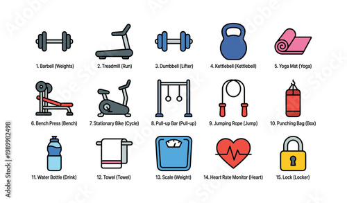 Gym equipment icons displayed in grid on white background