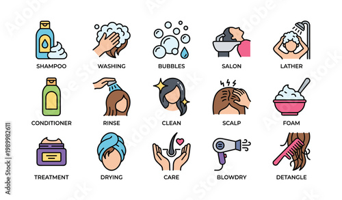 Hair care icons showing shampooing and salon actions on white