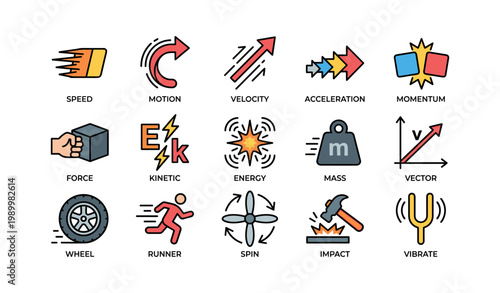 Physics motion icons illustrating speed force and energy on white
