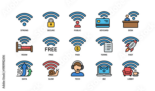 Wireless network icons indicating status and service on white