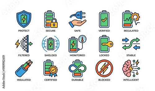 Battery safety icons arranged in grid on white background