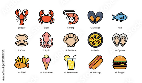 Seafood and food icons arranged in grid on white background