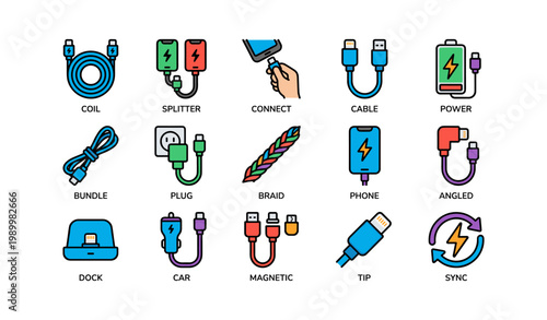Various charging and cable icons displayed on white background