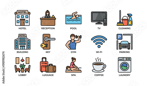 Hotel amenity icons showing services and facilities on white background