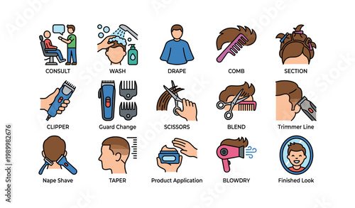 Barber shop icons showing haircut steps on white background
