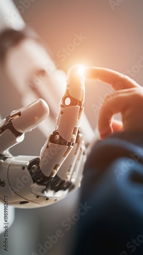 Human finger touching robotic hand with glowing light effect