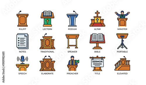 Religious speaking icons depicting pulpits and sermon elements on white
