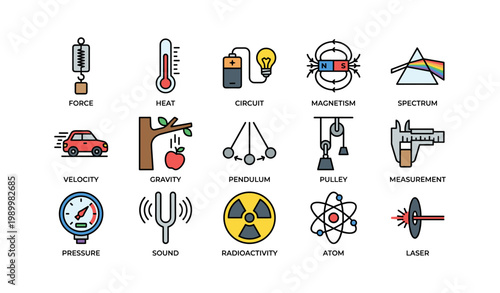 Physics icons showing forces and phenomena on white background