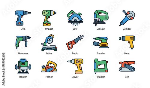 Power tool icons displaying saws drills and drivers on white background
