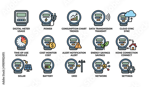 Digital meter icons showing power functions on white background