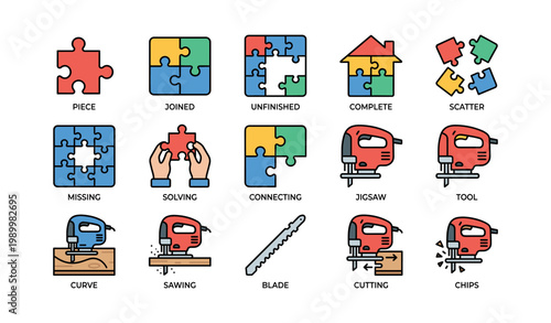 Puzzle pieces and jigsaw tools arranged as icons on white background