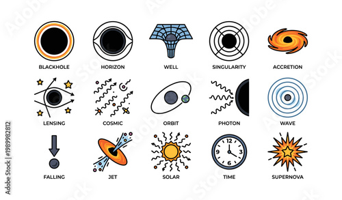 Black hole and astrophysics concept icons on white background