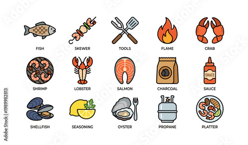 Seafood and grilling icons including fish, shrimp and tools