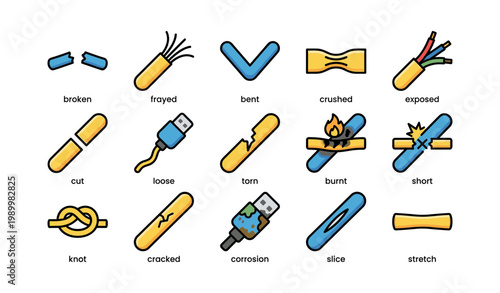 Cable damage icons showing faults and exposed wires on white
