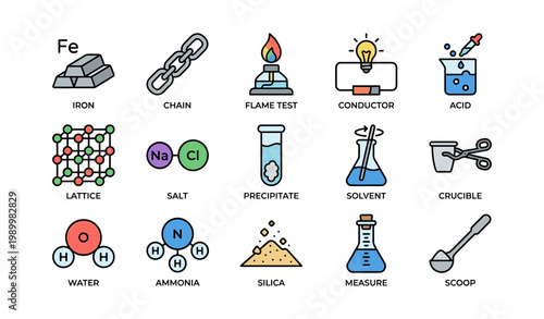 Laboratory icons of elements and glassware on white background