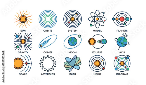 Solar system and planetary orbit icons in grid on white background