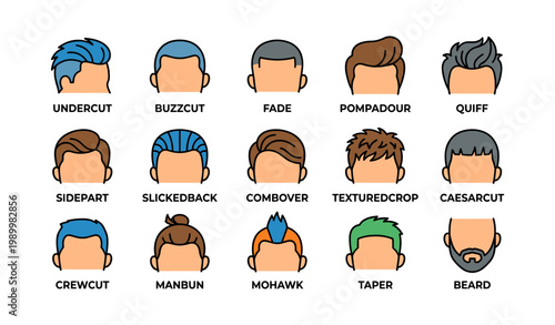 Male hairstyle and beard styles displayed on white background