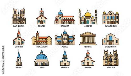 Religious building icons representing multiple worship types on white