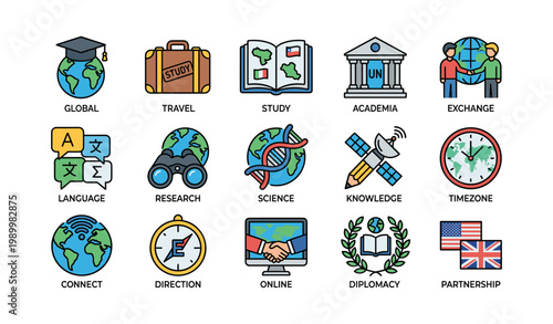Global education and exchange icons representing international study