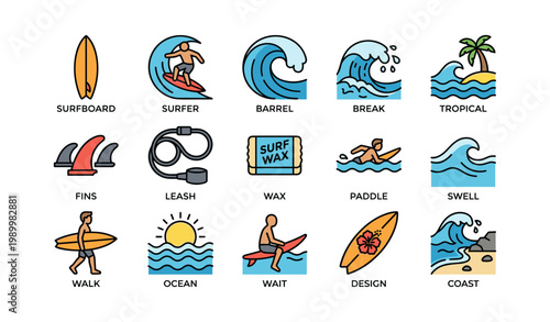 Surfing equipment and wave icons on white background