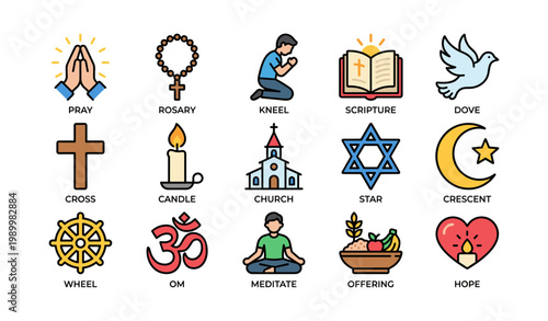 Religious and spiritual icons showing symbols and practices