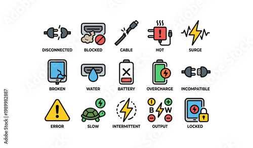 Electronic power and charging warning icons on white background