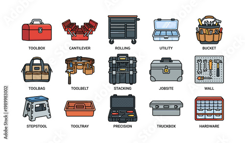 Toolbox and storage icons depicting tools and organization