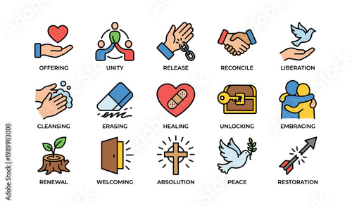 Reconciliation and healing icons arranged on white background