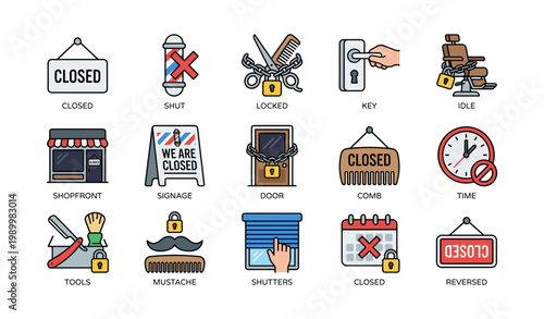 Closure icons showing closed business symbols on white background