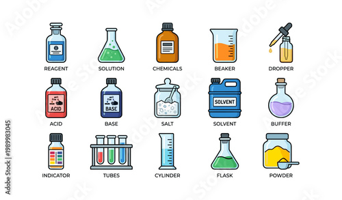Chemistry and laboratory icons arranged in a grid on white background