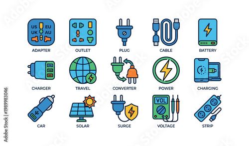 Power and charging icons arranged in a grid on white background